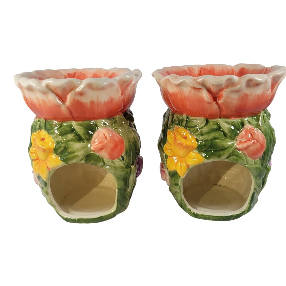 Yankee Candle Ceramic Flower Wax Melter Pair Tulip Rose Daffodil Floral Set of 2